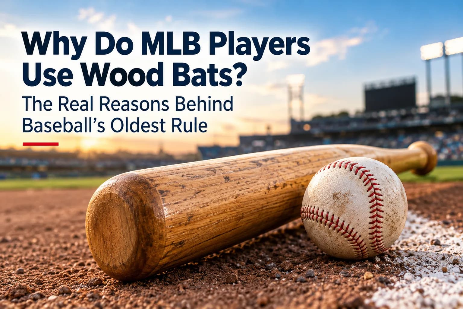 Wooden baseball bat and baseball in a stadium