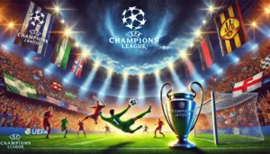 DALL&middot;E 2025-01-23 11.39.30 - A vibrant illustration of a UEFA Champions League scene, showcasing a grand football stadium illuminated under bright floodlights, packed with cheerin