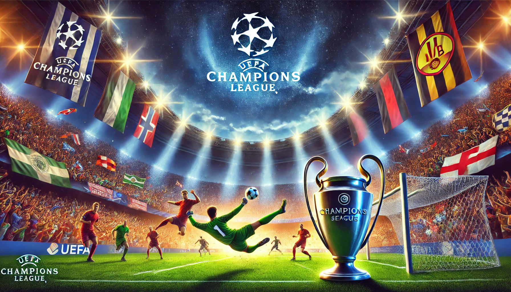 DALL·E 2025-01-23 11.39.30 - A vibrant illustration of a UEFA Champions League scene, showcasing a grand football stadium illuminated under bright floodlights, packed with cheerin
